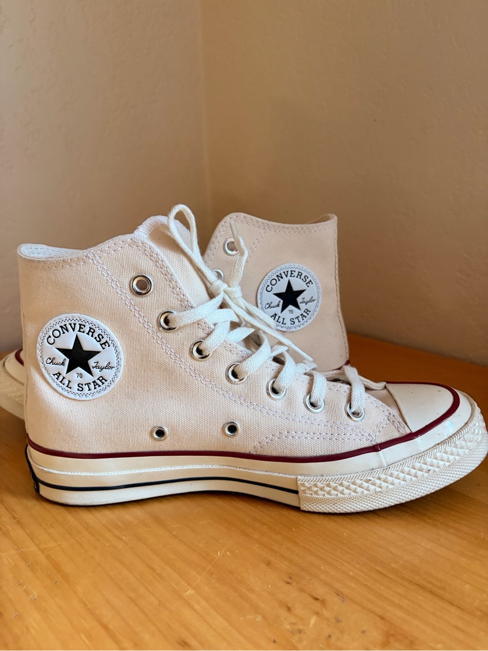 Converse Chuck 70 White Canvas High Top Sneakers with Burgundy Stripe